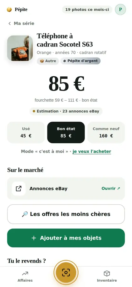 La cote d'un téléphone vintage dans l'app Pépite Chineur : 85 €